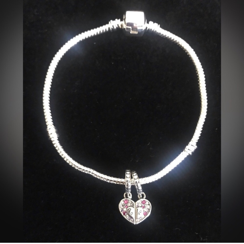 Sterling Silver Heart Charm Bracelet with Charms, Pink Crystal Accents